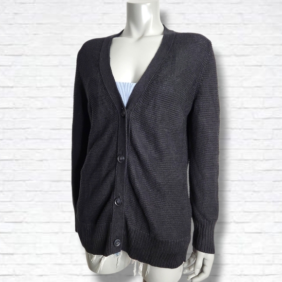 Banana Republic Black 100% Linen Open Knit V Neck Button Cardigan Size L - Picture 1 of 10
